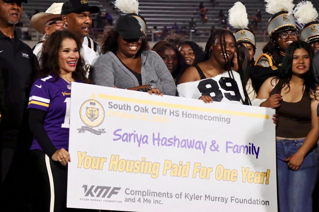 Sariya Hashaway and family receive a year of paid housing at South Oak Cliff Homecoming, October 2025